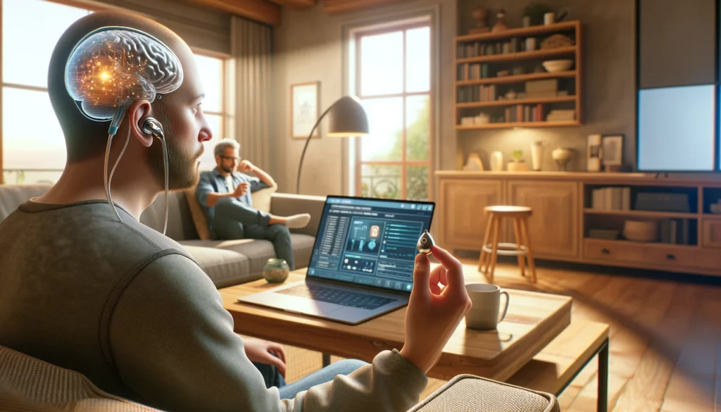 DALL·E 2024-02-21 11.54.39 - Create an ultra-realistic image, in 16_9 format, of a person at home using a small, discreet brain-computer interface implant.
